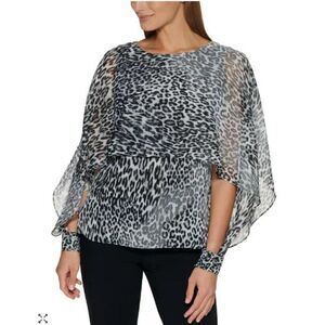 DKNY Black/White Leopard  Cape Blouse